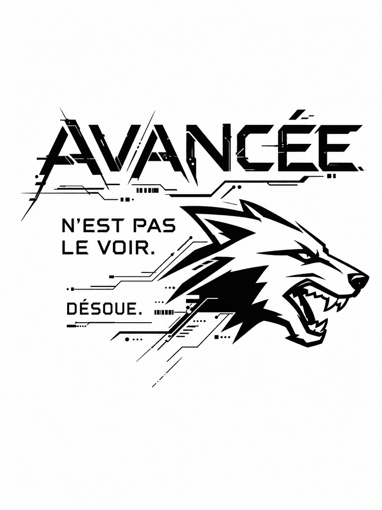 crée un tatouages noire avec un frase stryle cyberpunk (avencée n est pas le voir ) coriges les faute dortograf et avencée est en gros en haut ne pas le voir et plus petit desoue et a cotée de la phrase ils y a un loup style mr beast en noire