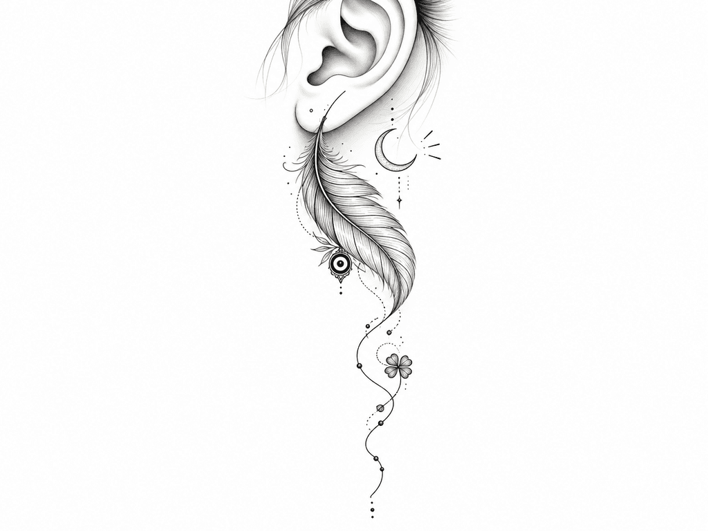 Un tatouage en dessous l oreille spirituel pour une femme avec les symboles : protection, féminine energy, happiness, good luck, life path et une plume