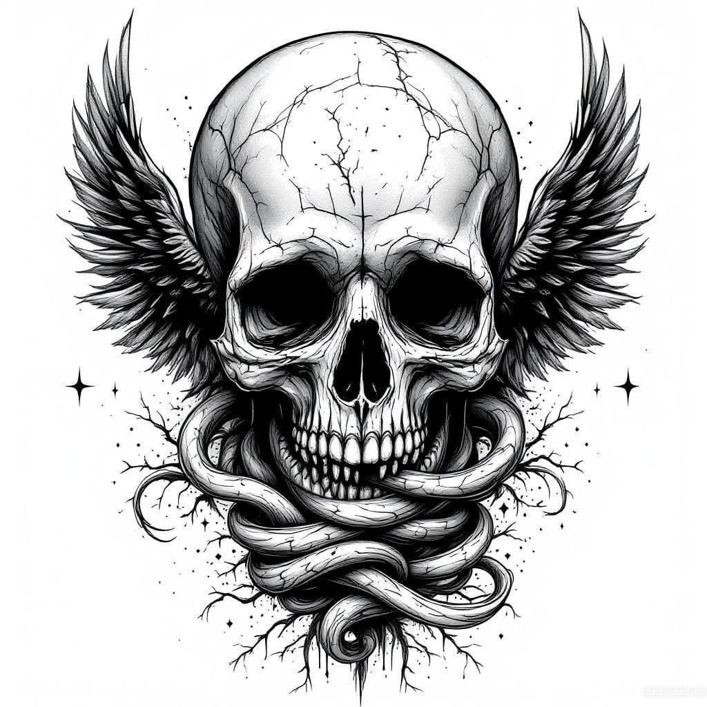 tête de mort avec un ange déchu