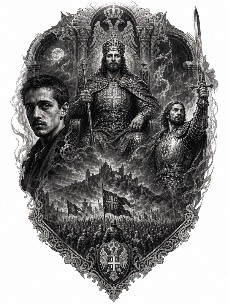 Black and grey realistic tattoo design for a thigh, featuring Gavrilo Princip, Dušan the Mighty, and Miloš Obilić merged into one cohesive composition.
Dušan the Mighty placed in the center as a powerful emperor with armor and crown, slightly larger than the others, symbolizing dominance.
Gavrilo Princip on one side, portrayed in a serious, shadowed portrait style.
Miloš Obilić on the other side, depicted as a heroic knight with medieval armor and sword.
In the background, a vast medieval army f