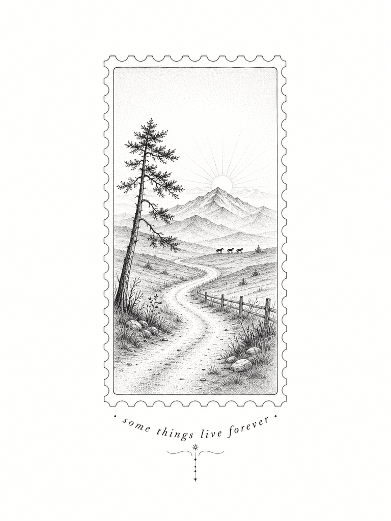 j'aimerais un petit tatouage très minimaliste et très FINE LINE. j'aimerais un paysage dans un timbre tout fin, avec genre une montagne, un arbre, une route. le tout super clair. j'aimerais aussi un texte "some things live forever" en dessus ou en dessous. ou le mieux, je sais pas, autour du timbre ? dans le style de Noah Kahan, enfaite j'aimerais un tatouage qui reprendre la chanson "all them horses". peut être tu as d'autres idées ?