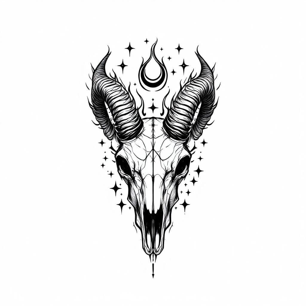 tattoo design, aries zodiac, ram skull with curved horns, flames and stars, bold fine line, minimalist black ink, celestial symbols, high detail, white background