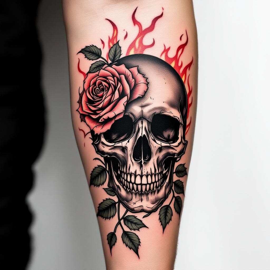 Une rose en feu avec une tête de mort déchu