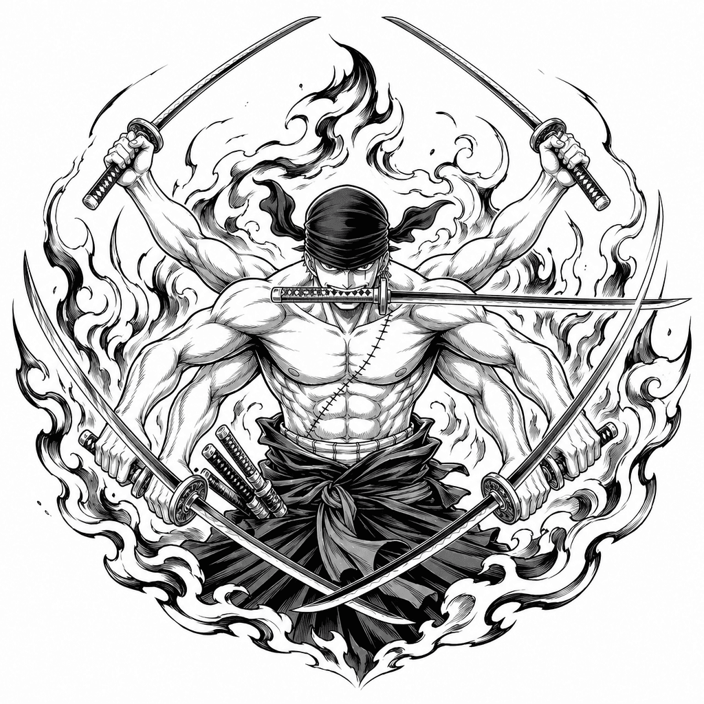 Roronoa Zoro en mode ahsura avec son bandeau et l'aura dérrière lui. Comme dans l'animé.