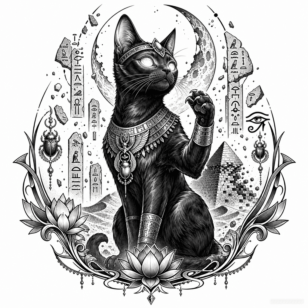 un chat égyptien stylisé avec des hiéroglyphes